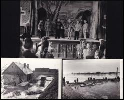 cca 1960 Bojár Sándor (1914-2000) budapesti fotóriporter hagyatékából 3 db vintage fotó (Liliputiak fellépése és árvíz a Tisza mentén), ezüst zselatinos fotópapíron, egyik pecséttel jelzett, 8,5x12,5 cm és 12x17,9 cm