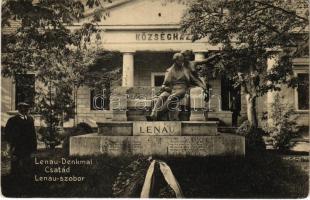Csatád, Lenauheim (Temes); Községháza, Lenau szobor. Julius Bierbaum Photogr. / Lenau-Denkmal / town hall, monument, statue (EK)