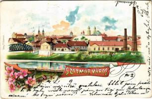 1901 Szatmárnémeti, Satu Mare; Szamospart. Löwy M. / Somes riverside. Art Nouveau, floral, litho (vágott / cut)