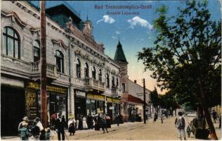 Trencsénteplic, Trencianske Teplice; Kossuth Lajos utca, Rehák Emil Stefánia kávéháza. Vasúti levelezőlapárusítás 15. / street view, café, shops (EK)