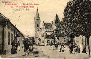 Trencsénteplic, Trencianske Teplice; Kossuth Lajos utca, étterem, templom. Wertheim Zsigmond kiadása / street view, restaurant, church (szakadás / tear)