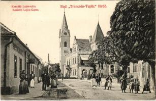 1908 Trencsénteplic, Trencianske Teplice; Kossuth Lajos utca, étterem, templom / street view, restaurant, church (EB)