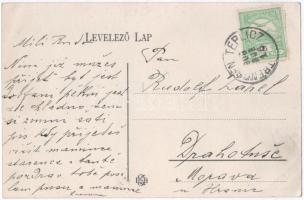 1908 Trencsénteplic, Trencianske Teplice; Kossuth Lajos utca, étterem, templom / street view, restau...