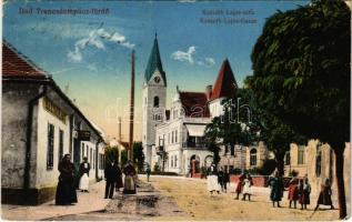 1917 Trencsénteplic, Trencianske Teplice; Kossuth Lajos utca, étterem, templom. Vasúti levelezőlapárusítás 27. sz. 1915. / street view, restaurant, church (Rb)