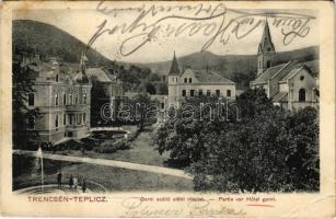 1906 Trencsénteplic, Trencianske Teplice; Garni szálloda előtti részlet / Partie vor Hotel Garni / hotel, spa (EB)