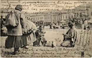 1907 Máramarossziget, Sighetu Marmatiei; Heti vásár pihenőt tartó ruthénekkel (ruszinok), piac. Csermák M. amateur felvétele, Kaufman Á. és fiai kiadása / Rusyns at the market (EK)