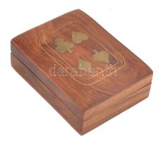 Kártyatartó doboz, réz berakásokkal, fa, jelzés nélkül, 11,5x8,5x4 cm