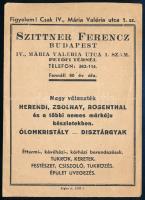1943 Szittner Ferenc porcelán (Herendi, Zsolnay, Rosenthal), ólomkristály és dísztárgy üzlete (Bp. IV., Mária Valéria u. 1.), reklám szórólap, hátoldalán saját kezűleg írt nyugta