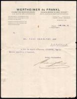 1908 Bp., Wertheimer és Frankl gyarmatáru nagykereskedés fejléces levélpapírra írt részvétnyilvánító levele
