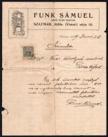 1909 Szatmár, Funk Sámuel (sírkő gyári raktár) fejléces papírra írt saját kezű számlája, 10f okmánybélyeggel, kisebb lapszéli szakadásokkal