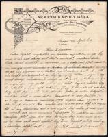1907 Bp., Németh Károly Géza vas- és fűszerkereskedése a kaszáshoz, szecessziós fejléces levélpapírra írt, személyes hangvételű levél, 3 beírt oldal
