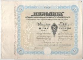 Budapest 1928. " 'Hungária' Műtrágya, Kénsav és Vegyiipar-Részvénytársaság" részvénye 20P-ről szárazpecséttel, szelvényekkel T:VF