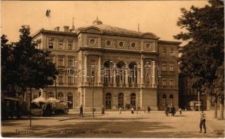 1913 Temesvár, Timisoara; Ferenc József színház, piac, Berger látszerészeti intézet üzlete, villamos / theatre, market, shop, tram