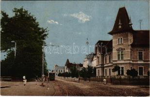 1914 Nagyszeben, Hermannstadt, Sibiu; Schewisgasse / utca, villamos / street, tram (EB)