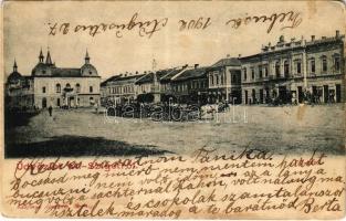 1902 Máramarossziget, Sighetu Marmatiei; Fő tér, piac, Korona szálloda és kávéház, Klein üzlete. Kaufman Ábrahám kiadása / main square, market, hotel and café, shops (kopott sarkak / worn corners)