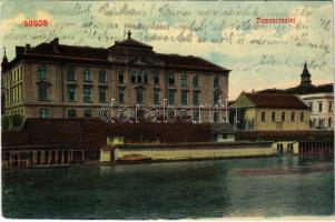 1909 Lugos, Lugoj; Temes részlet, gimnázium. Nemes Kálmán kiadása / Timis riverside, school (EB)