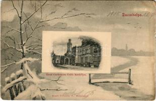 1905 Zsombolya, Hatzfeld, Jimbolia; Gróf Csekonics Csitó kastély. Perlstein F. kiadása, téli montázs / castle. Art Nouveau winter montage (EK)