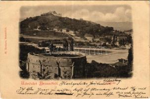 1899 (Vorläufer) Brassó, Kronstadt, Brasov; Fellegvár. H. Zeidner kiadása / Schlossberg + "BRASSÓ - BUDAPEST 15. SZ." vasúti mozgóposta bélyegző (EB)