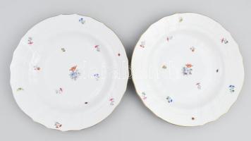 2 db Herendi virág mintás porcelán mélytányér. Kézzel festett, jelzett, minimális kopással d: 25 cm