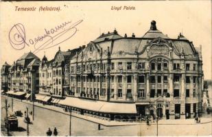 Temesvár, Timisoara; Lloyd palota, villamos, Reisz Alfréd üzlete. Feder R. Ferenc felvétele és kiadása / palace, tram, shop (fl)