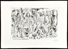 Hincz Gyula (1904-1986): Rákóczy francia tiszteketfogad. Rézkarc, papír, jelzett. 20×29 cm