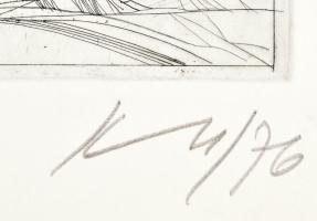 Kass János (1927-2010): 1976 Jobbágy vitézek.... Rézkarc, papír, jelzett 20x29 cm