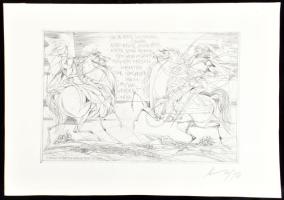 Kass János (1927-2010): 1976 Jobbágy vitézek.... Rézkarc, papír, jelzett 20x29 cm
