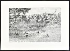 Veszprémi Endre (1925-2013): A Tiszabecsi harc. Rézkarc, papír, 20x29 cm