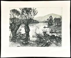 Csisztu Mihály (1933-2008): Tiszavári tiszapart. Rézkarc, papír, jelzéssel, 40x30 cm