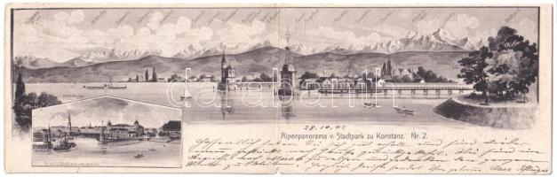 1902 Konstanz, Alpenpanorama vom Stadtpark, Hafen u. Stadt vom See gesehen / general view, mountains, bridge, lighthouse, ships, 2-tiled folding panoramacard (fa)