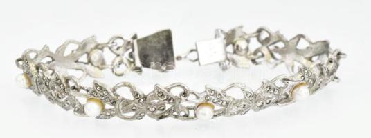 Ezüst(Ag) gyöngyös, markazitos karkötő, jelzett, h: 19 cm, bruttó: 20,9 g