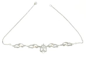 Ezüst(Ag) gyöngyös, markazitos nyakék, jelzett, h: 43,5 cm, bruttó: 14 g