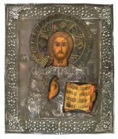 Ikon, ezüstözött fém okláddal. XIX. sz. 24x26 cm / Icon with silver plated copper oclad. 19th century 24x26 cm