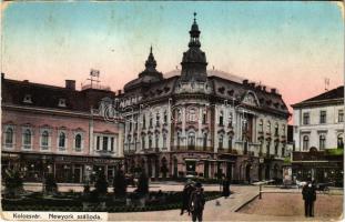 1912 Kolozsvár, Cluj; New York szálloda és kávéház, Tauffer Dezső, Jeszenszky Ferenc, Schefer András, Schuster Emil, Csiky Mihály üzlete. Lepage Lajos kiadása / hotel and café, shops (ragasztónyom / glue marks)