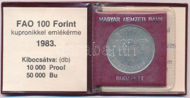 1983. 20f Al + 5Ft Ni + 10Ft Ni "FAO" sor, eredeti tokban tanúsítvánnyal + 1983. 100Ft Cu-Ni "FAO - Több gabonát a világnak" bordó műbőr tokban, tanúsítvánnyal. Belső műanyag keret törött T:UNC Adamo EM69, EM70, EM71, EM72