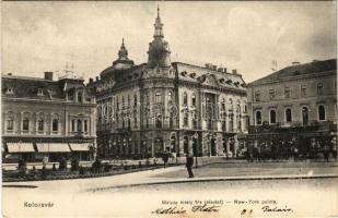 1907 Kolozsvár, Cluj; Mátyás király tér, New York palota, Tauffer Dezső, Jeszenszky Ferenc, Schefer András, Schuster Emil üzlete. Lepage Lajos kiadása / square, palace, shops (EK)