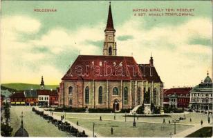 1913 Kolozsvár, Cluj; Mátyás király tér és szobor, Szent Mihály templom / square, statue, monument, church (EK)