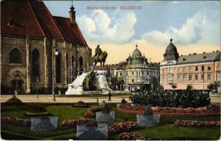 1914 Kolozsvár, Cluj; Mátyás király tér és szobor, templom, Haraszthy Jenő üzlete. Fuhrmann Miklós kiadása / square, monument, church, shops (EK)