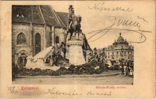 1903 Kolozsvár, Cluj; Mátyás király tér és szobor, templom / square, monument, church (fl)