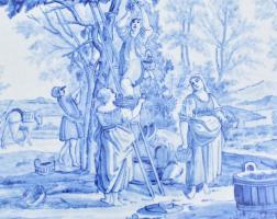 Hatalmas portugál szüreti mintás fajansz falitányér, jelzéssel, hibátlan, mázrepedésekkel, d: 48 cm