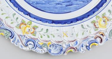 Hatalmas portugál szüreti mintás fajansz falitányér, jelzéssel, hibátlan, mázrepedésekkel, d: 48 cm