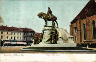 1906 Kolozsvár, Cluj; Mátyás király szobor, Fein F. üzlete, templom / statue, monument, church, shops (szakadás / tear)