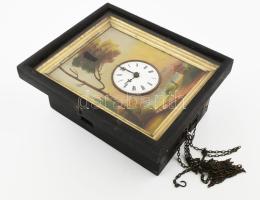 Antik kakukkos óra, festett előlappal, hiányokkal, 34x29x16 cm