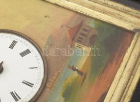 Antik kakukkos óra, festett előlappal, hiányokkal, 34x29x16 cm
