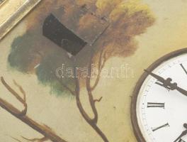 Antik kakukkos óra, festett előlappal, hiányokkal, 34x29x16 cm