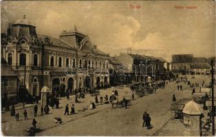 Torda, Turda; Fő tér, piac, Turcza Géza üzlete, Bethleni műmalom liszt főraktára, Mike Márton gyógyszertára. Füssy József kiadása / square, market, shops, pharmacy (r)