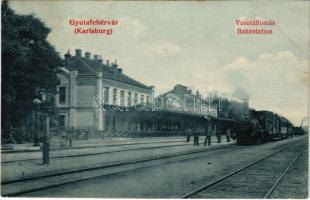 1907 Gyulafehérvár, Alba Iulia; vasútállomás, gőzmozdony, vonat. Schäser Ferenc kiadása / railway station, locomotive, train (EK)