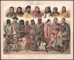 cca 1900 Ázsiai népfajok, színes litográfia, a Pallas Nagy Lexikonának melléklete, 29x24 cm
