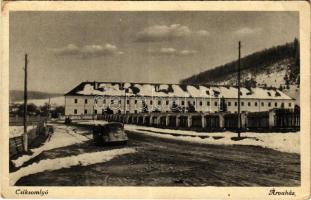 1942 Csíksomlyó, Sumuleu Ciuc; Árvaház télen, automobil. Elekes M. kiadása. Biró felvétele / orphanage in winter, automobile (EB)