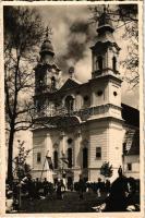 1941 Csíksomlyó, Sumuleu Ciuc; Kegytemplom / pilgrimage church. Aladics mérnök (Csíkszereda) photo (kis szakadás / small tear)